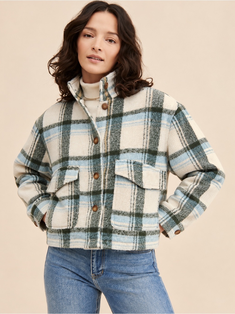 Plaid Bagatelle Collection Teddy Jacket in Cream, Olive & Light Blue
